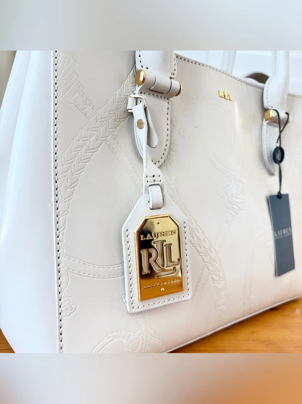 Lauren Ralph Lauren Taylor Belting Double Zip Ivory Embossed Leather Satchel NWT